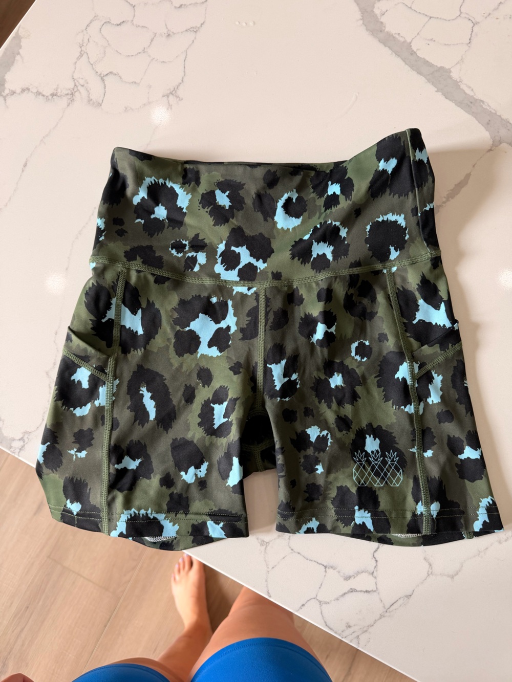 Women’s Olive Green Leopard Print Active Shorts with Light Blue Accents